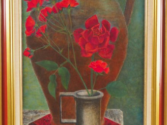 Vente aux enchères Robert FORGAS.  "la grande cruche aux roses rouges" Huile sur toile, s