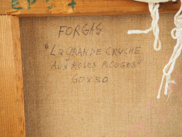 Robert FORGAS.  "la grande cruche aux roses rouges" Huile sur toile, s