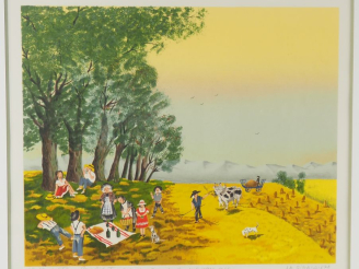 Vente aux enchères Mady de la Giraudière.  "scène de fenaison" Lithographie,signée et  nu