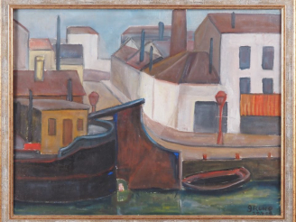 Vente aux enchères GRINE.  "Paris, le canal de la Villette" Huile sur toile, signée en ba