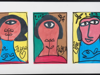 Vente aux enchères JABER.  "portraits"  Triptyque, aquarelles signées et datées 2002 et 2