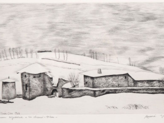 Vente aux enchères André JACQUEMIN.  "Ancienne léproserie à la Chaise Dieu" Eau forte num