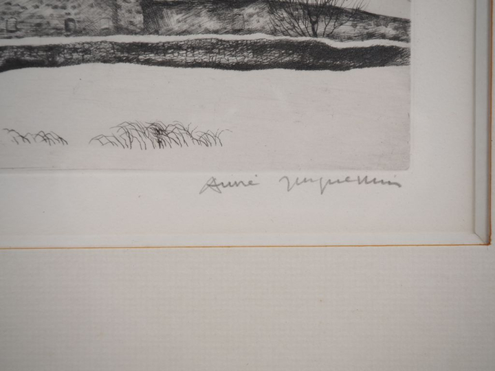 André JACQUEMIN.  "Ancienne léproserie à la Chaise Dieu" Eau forte num