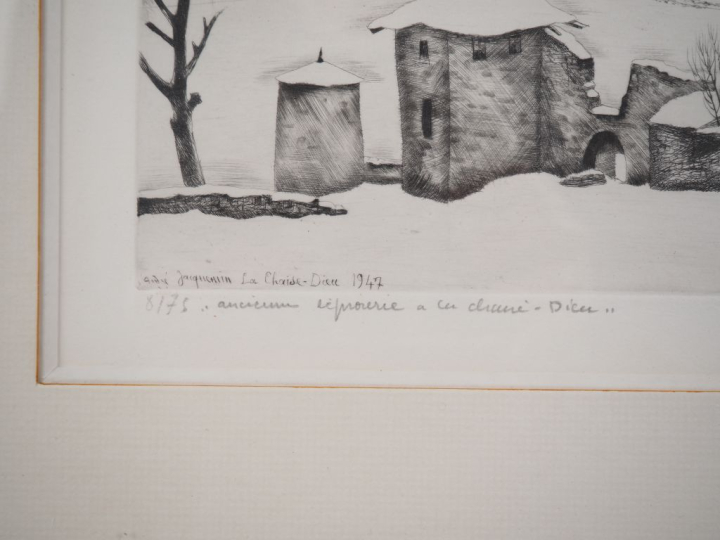 André JACQUEMIN.  "Ancienne léproserie à la Chaise Dieu" Eau forte num