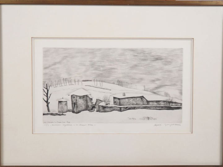 André JACQUEMIN.  "Ancienne léproserie à la Chaise Dieu" Eau forte num