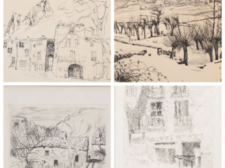 Vente aux enchères André JACQUEMIN.  Ensemble de deux eaux fortes : "Neige sous le rocher