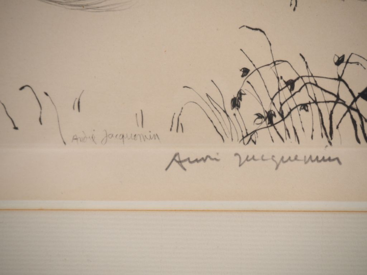 André JACQUEMIN.  Ensemble de deux eaux fortes : "Neige sous le rocher