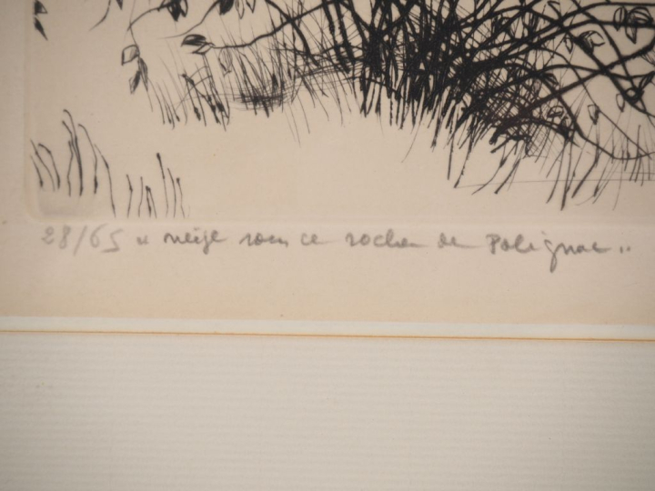 André JACQUEMIN.  Ensemble de deux eaux fortes : "Neige sous le rocher