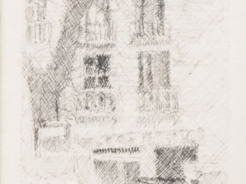 André JACQUEMIN.  Ensemble de deux eaux fortes : "Neige sous le rocher