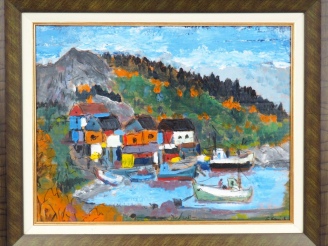 Vente aux enchères G. KONNICH. "le port" Huile sur panneau, signée en bas à droite  Dim. 