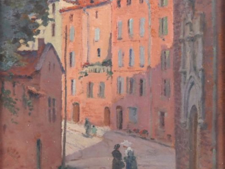 Vente aux enchères LIOZU.  "Village du midi animé" Huile sur panneau, signée en bas à gau