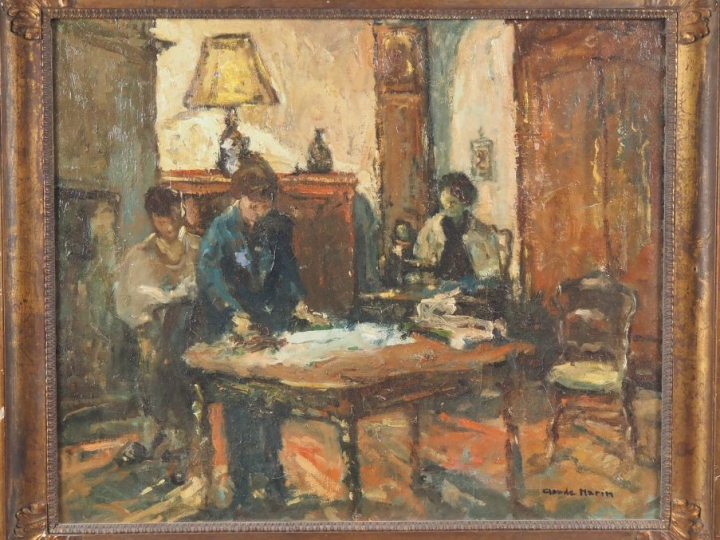 Claude MARIN.  "femmes à leur ouvrage dans un intérieur" Huile sur toi
