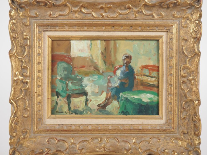 Claude MARIN.  "jeune femme dans un intérieur" Huile sur papier, signé