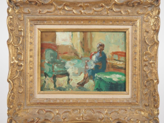 Vente aux enchères Claude MARIN.  "jeune femme dans un intérieur" Huile sur papier, signé