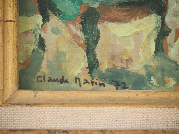 Claude MARIN.  "jeune femme dans un intérieur" Huile sur papier, signé