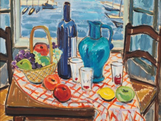 Vente aux enchères C. OREFFICE.  "l'auberge du port" Huile sur panneau, signée en bas à g