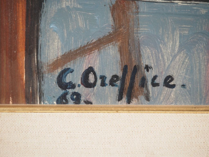 C. OREFFICE.  "l'auberge du port" Huile sur panneau, signée en bas à g