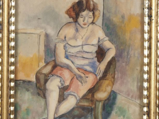 Vente aux enchères PASCIN.  "jeune fille déshabillée sur un fauteuil club" Aquarelle, cac
