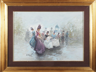 Vente aux enchères Mario PASSONI.  "Terrasse de café parisien animée" Huile sur toile, si