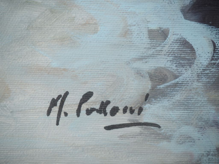 Mario PASSONI.  "Terrasse de café parisien animée" Huile sur toile, si