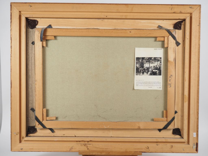 Mario PASSONI.  "Terrasse de café parisien animée" Huile sur toile, si