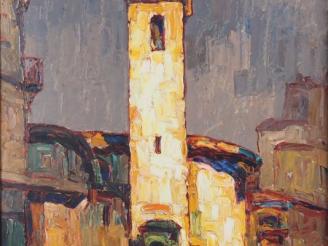 Vente aux enchères Louis PASTOUR.  "Eglise, soleil d'orage" Huile sur carton, signée en b