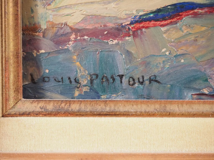 Louis PASTOUR.  "Eglise, soleil d'orage" Huile sur carton, signée en b