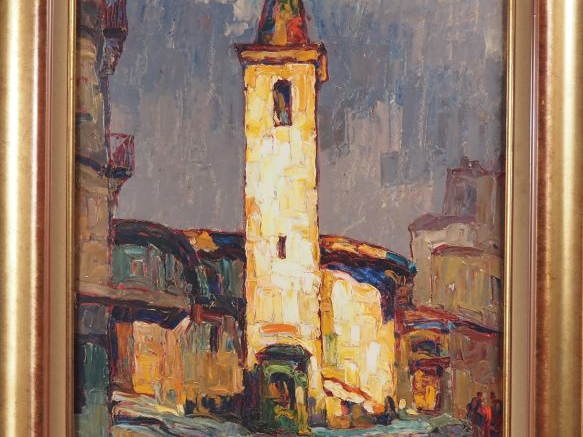 Louis PASTOUR.  "Eglise, soleil d'orage" Huile sur carton, signée en b
