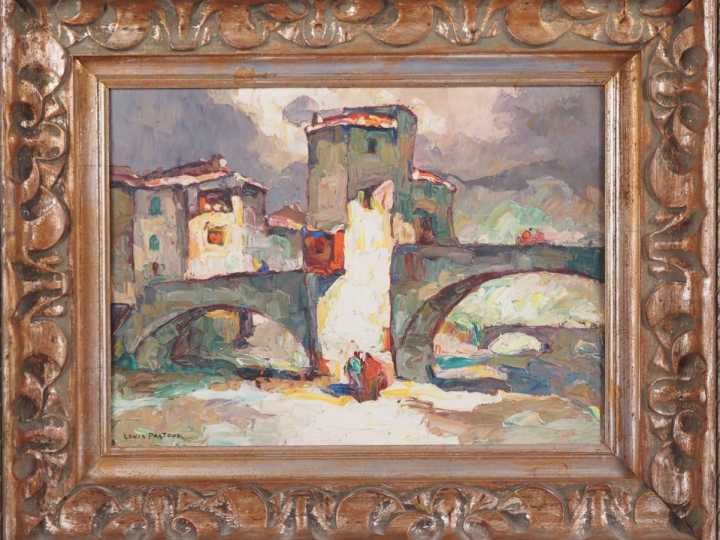 Louis PASTOUR.  "le vieux pont" Huile sur panneau, signée en bas à gau