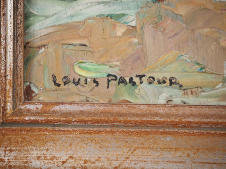 Louis PASTOUR.  "le vieux pont" Huile sur panneau, signée en bas à gau