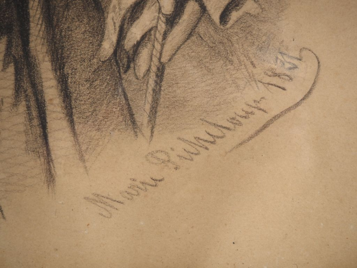 Marie PICHELOUP.  "portrait de jeune fille au chapeau" Dessin signé en