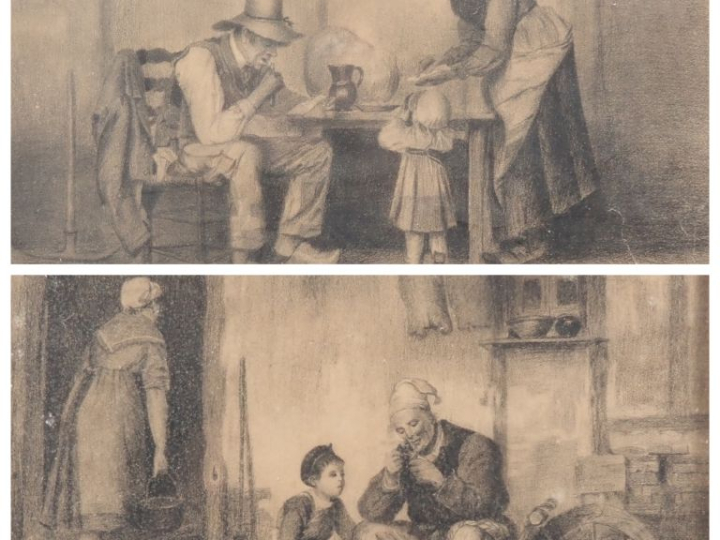 Angèle PITIE.  "paysans et leurs enfants" Paire de dessins au crayon, 