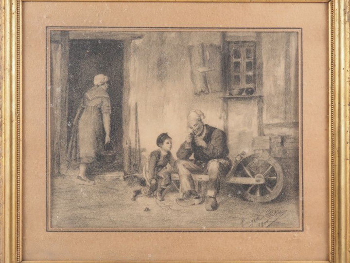 Angèle PITIE.  "paysans et leurs enfants" Paire de dessins au crayon, 