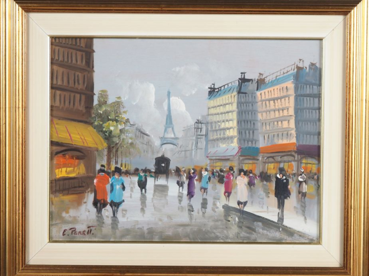 E. PERETTI.  "Paris, la tour Eiffel" Huile sur carton, signée en bas à