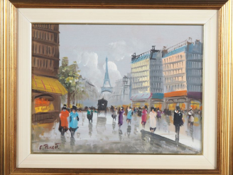 Vente aux enchères E. PERETTI.  "Paris, la tour Eiffel" Huile sur carton, signée en bas à