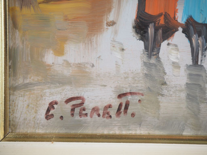 E. PERETTI.  "Paris, la tour Eiffel" Huile sur carton, signée en bas à