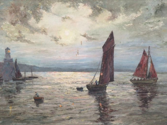 Vente aux enchères R. PERROT.  "Marine" Huile sur toile, signée en bas à gauche  Dim. 52 