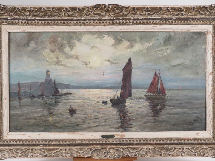 R. PERROT.  "Marine" Huile sur toile, signée en bas à gauche  Dim. 52 