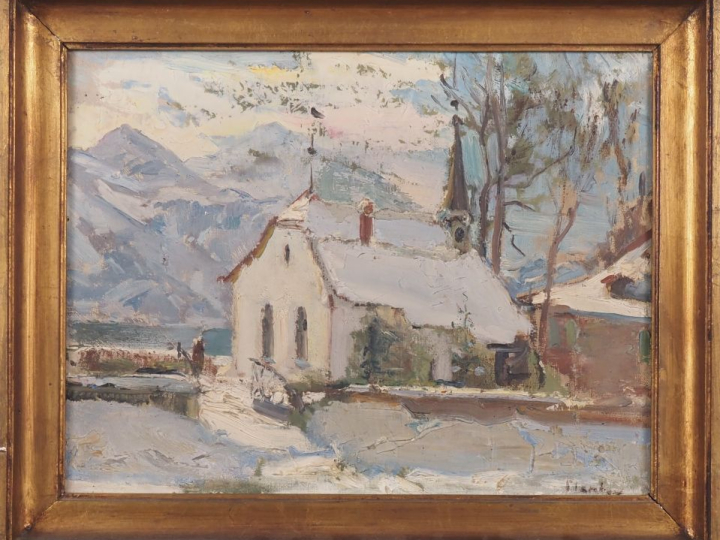 Robert Gilles PLANTEY.  "Beatenberg, effet de neige" Huile sur toile, 