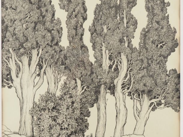 Georges RIBEMONT DESSAIGNES. "les cyprès" Encre, signée en bas à gauch