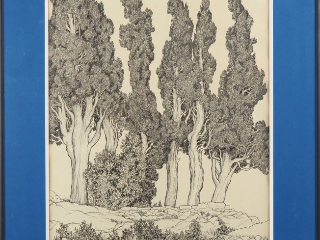 Georges RIBEMONT DESSAIGNES. "les cyprès" Encre, signée en bas à gauch