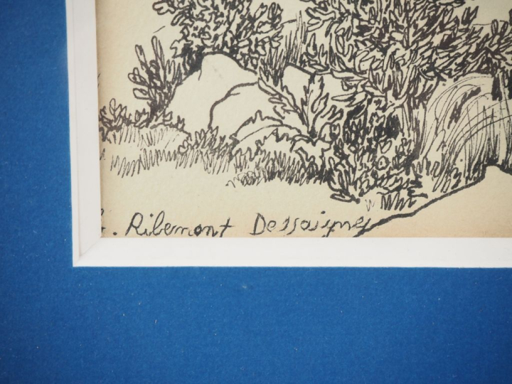 Georges RIBEMONT DESSAIGNES. "les cyprès" Encre, signée en bas à gauch