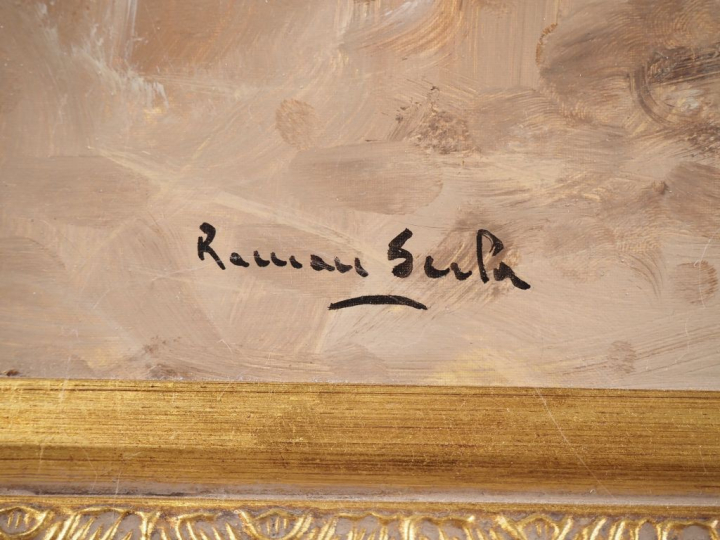 Roman SERLA.  "personnages attablés" Huile sur toile, signée en bas à 