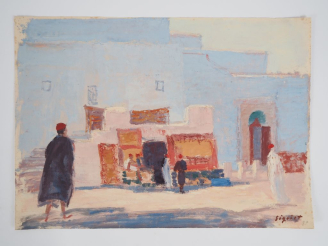 Vente aux enchères SIGRIST.  "ville animée en Afrique du Nord" Technique mixte sur papier