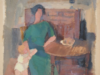 Vente aux enchères SIGRIST.  "jeune mère et son bébé dans un intérieur" Technique mixte s