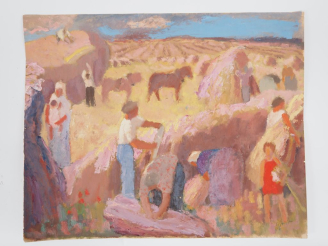 Vente aux enchères SIGRIST.  "les moissons"  Technique mixte sur papier, signée en bas à 