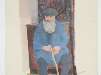 Vente aux enchères SIGRIST.  "le vieil homme au béret" Gouache sur papier, signée en bas 