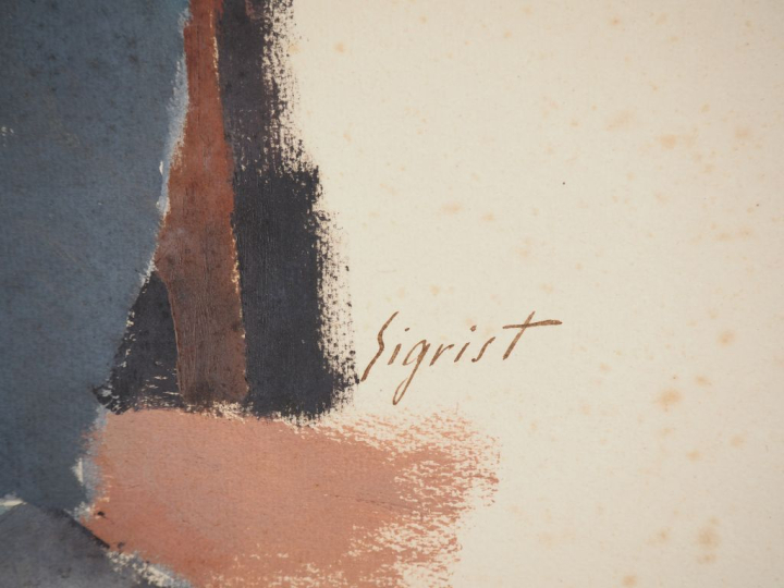 SIGRIST.  "le vieil homme au béret" Gouache sur papier, signée en bas 
