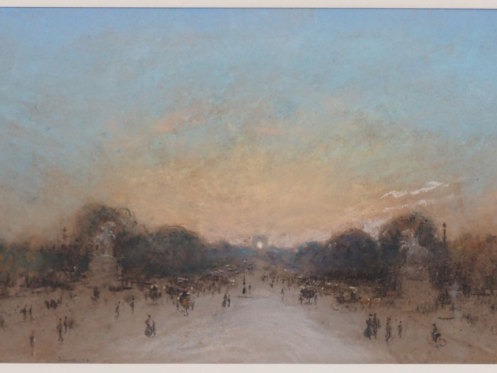 SINET.  "les chevaux de Marly devant les Champs-Elysées animés" Dessin