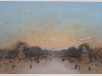 Vente aux enchères SINET.  "les chevaux de Marly devant les Champs-Elysées animés" Dessin